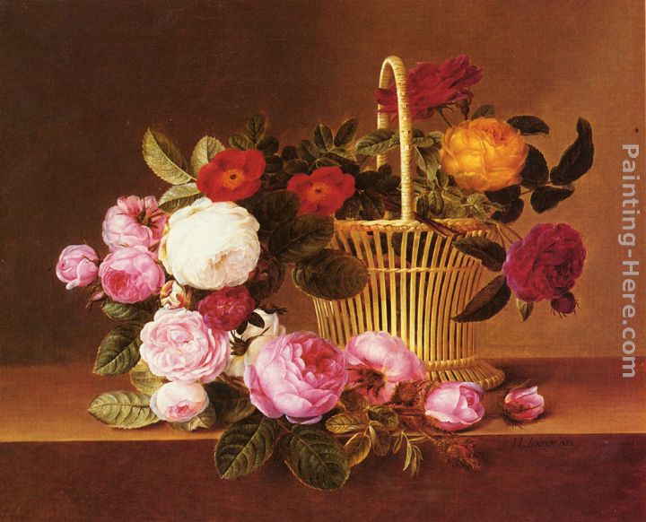 A Basket Of Roses On A Ledge painting - Johan Laurentz Jensen A Basket Of Roses On A Ledge art painting